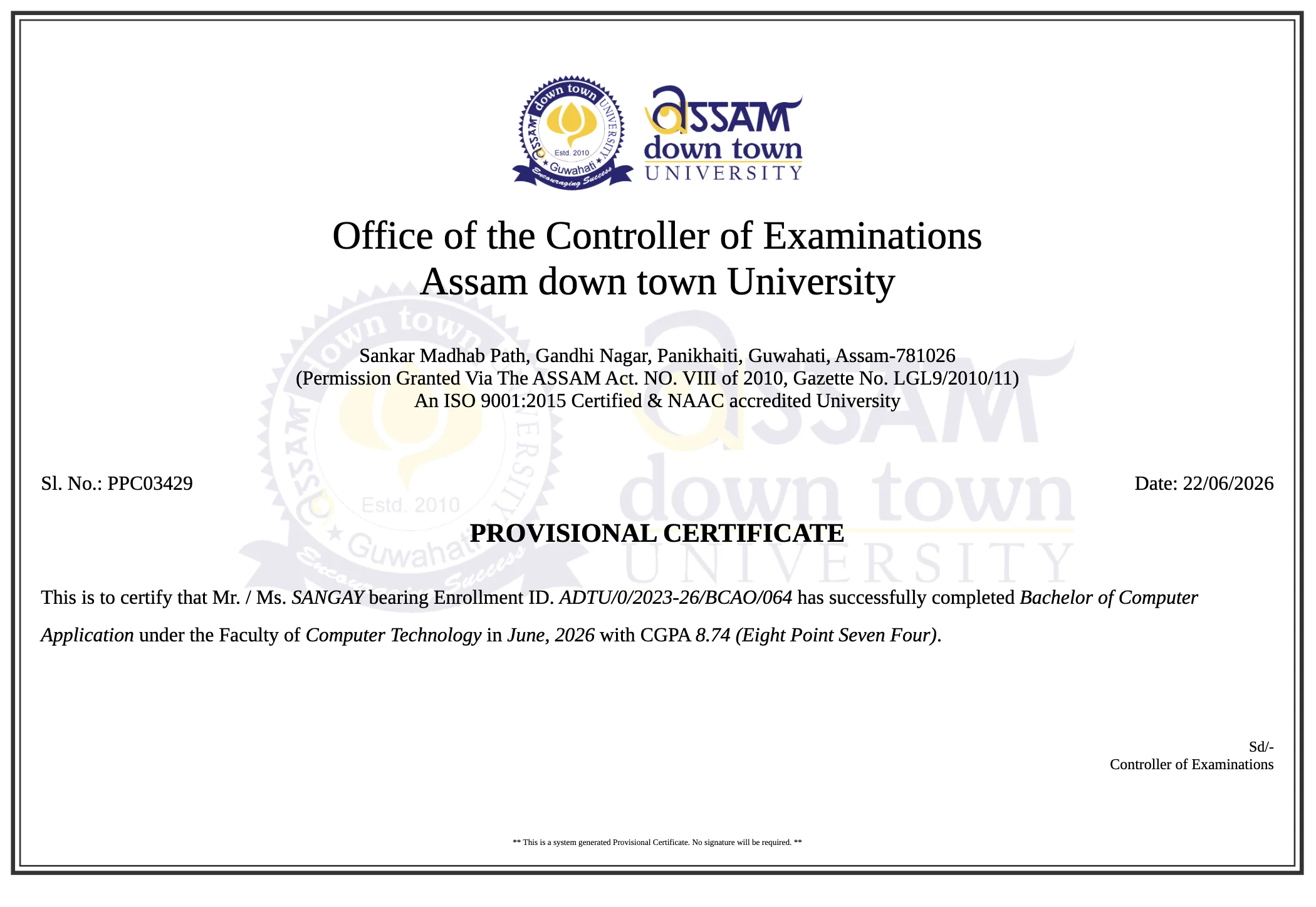 Bachelor of Computer Applications - Provisional Certificate